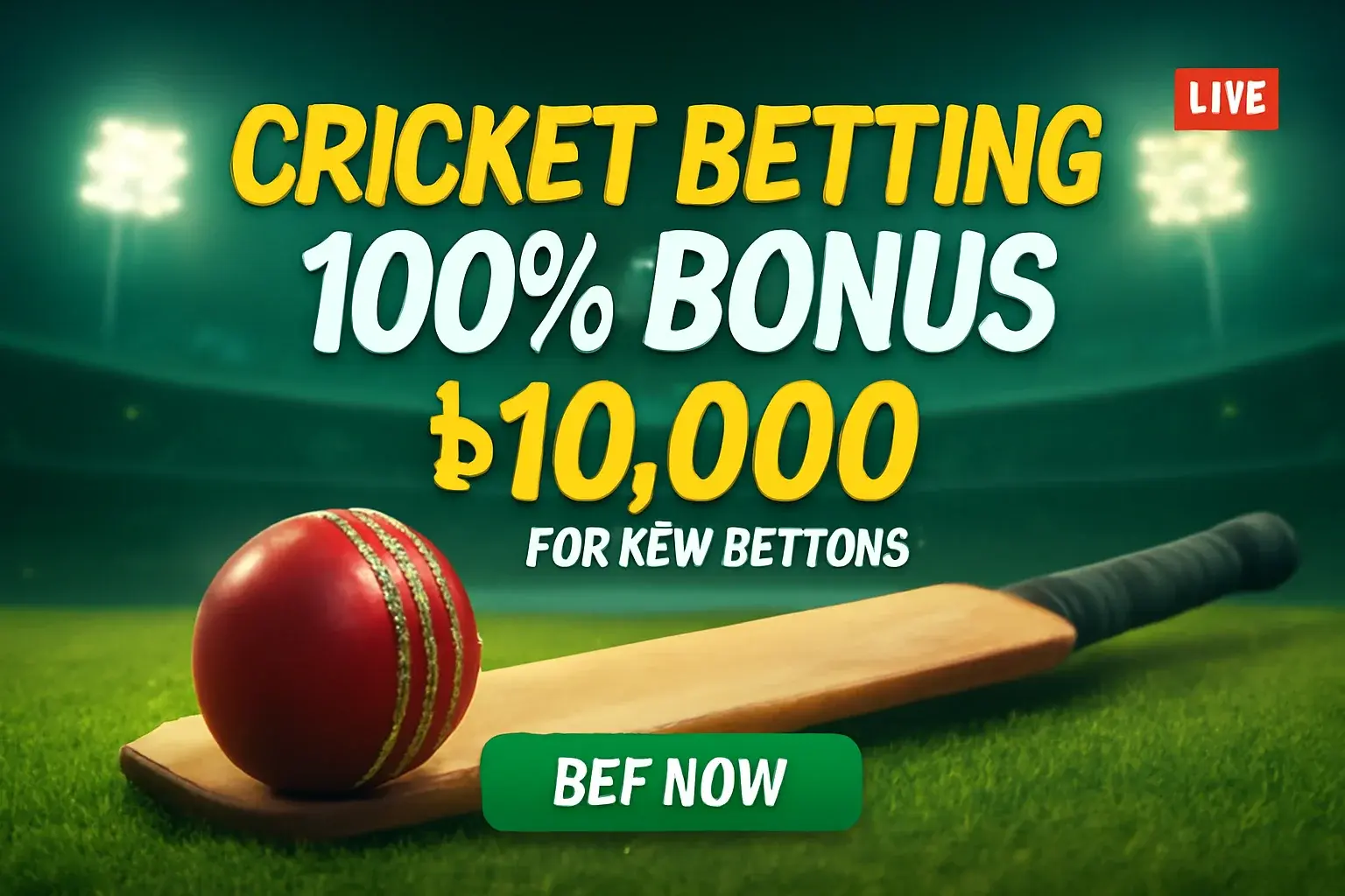 Cricket betting banner with green stadium background, cricket ball and bat on turf, 100% bonus offer, and bet now button