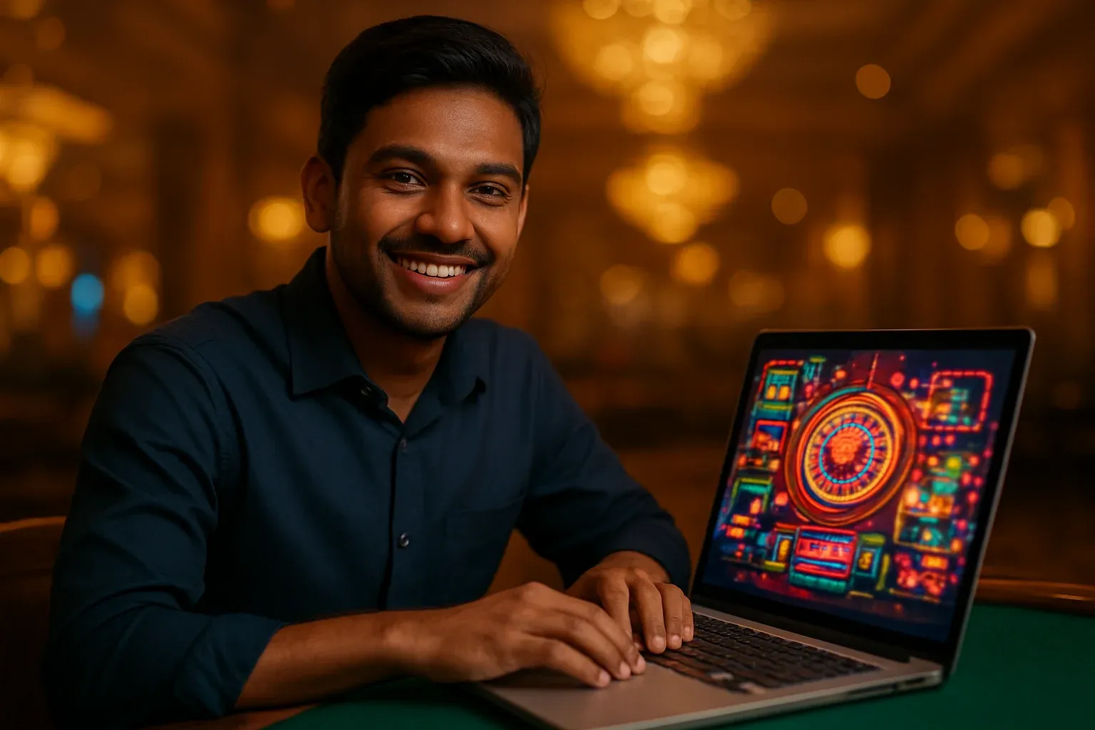Cheerful Bangladeshi man with open laptop at premium casino lounge
